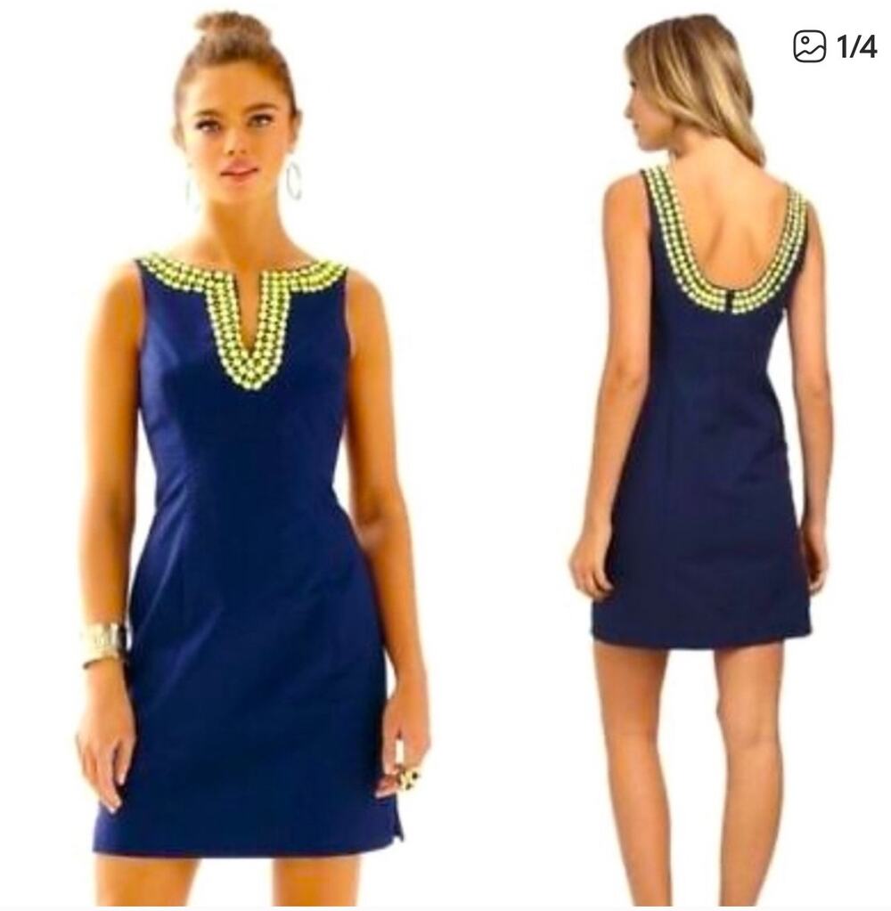 Lilly Pulitzer Blair Jacquard Sleeveless Dress Navy Blue Limoncello Beading 4